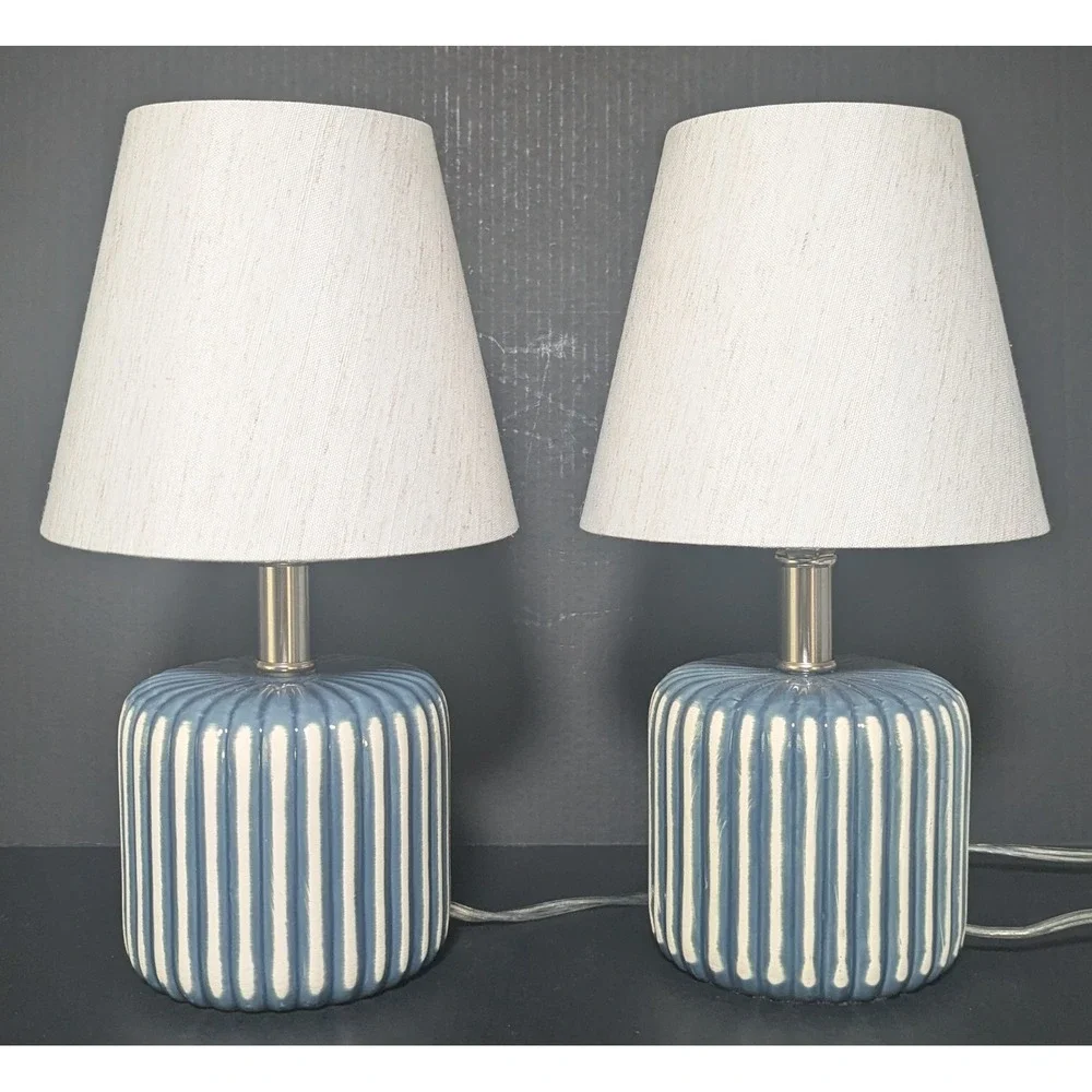 Blue and White Striped Glossy Ceramic Table Lamps Set of Two W/Linen Shades